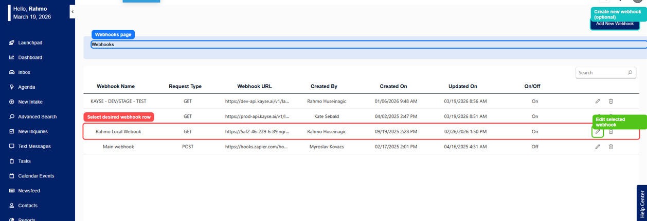 Law Ruler webhooks page with the selected webhook row and Edit selected webhook button