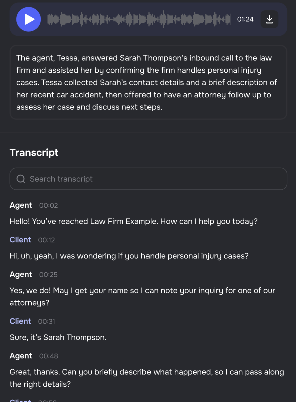 Transcript and Audio Panel with playback controls