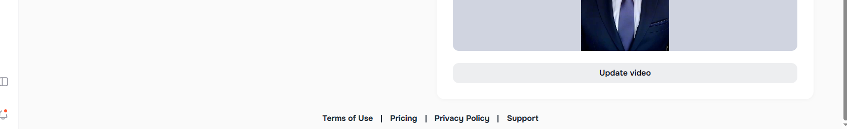 Footer links for Terms of Use, Pricing, Privacy Policy, and Support