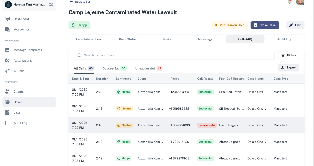 Calls tab on Case page showing call activity and metadata