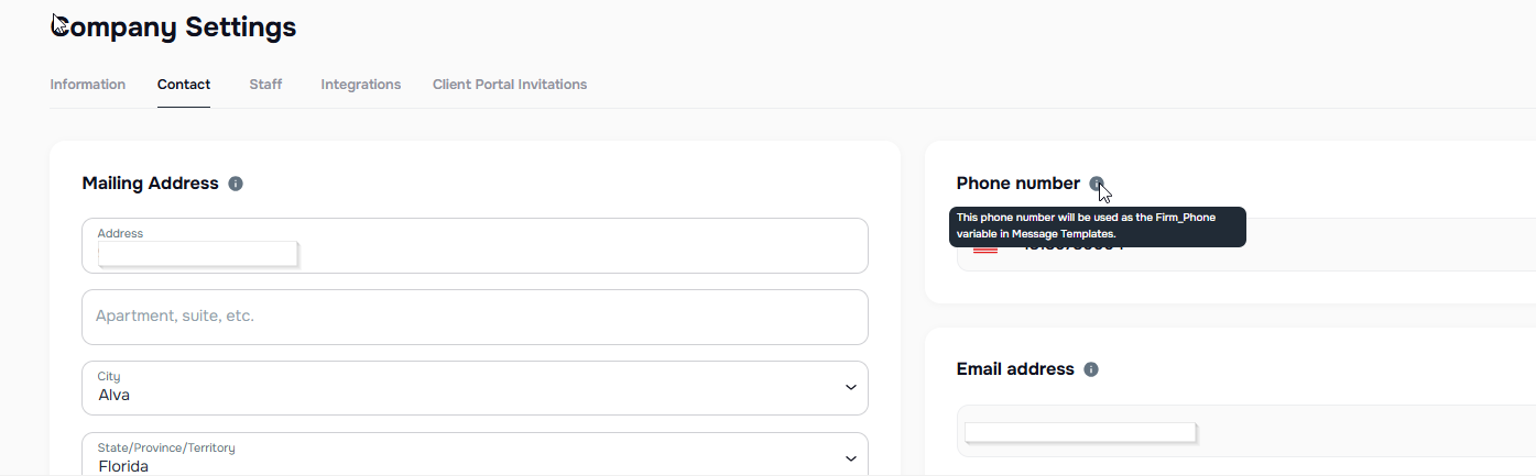 Company Settings Contact tab with Contact, Mailing Address, and tooltips