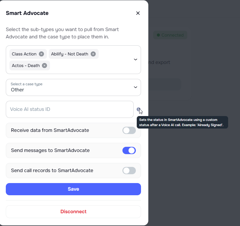 Smart Advocate and Law Ruler sync toggles in integration settings