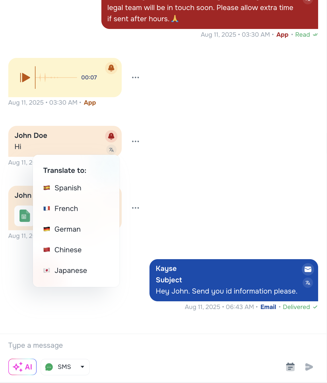 Message translation globe icon to choose language and translate instantly