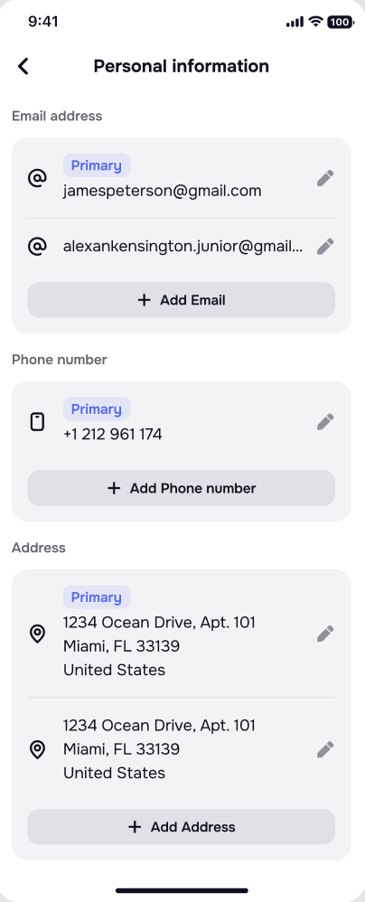 Mobile app contact info edit: phone, email, address with validation