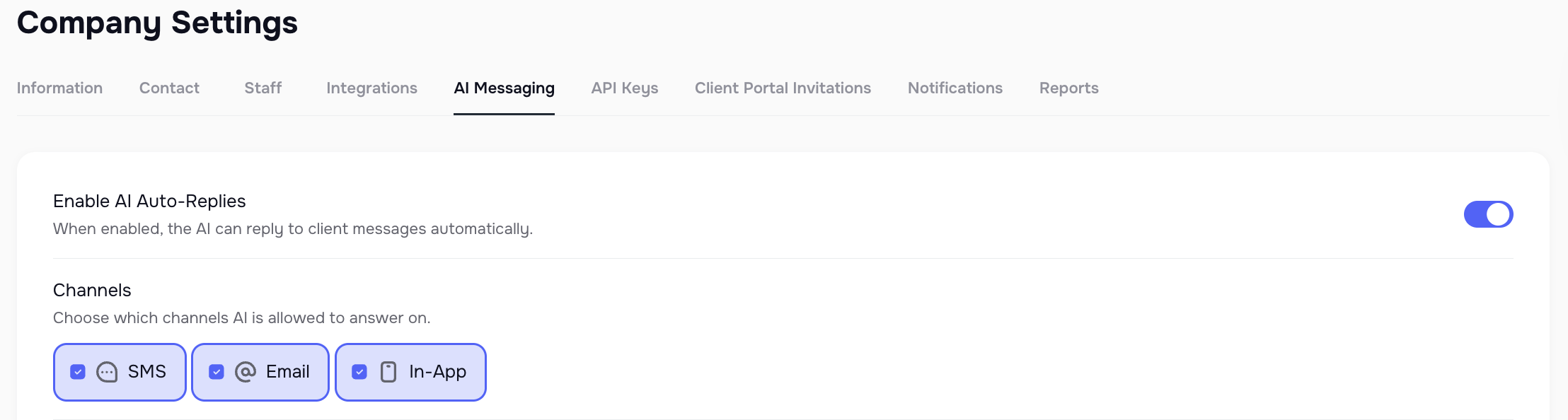 Enable AI Auto Reply and channel selection in Company Settings