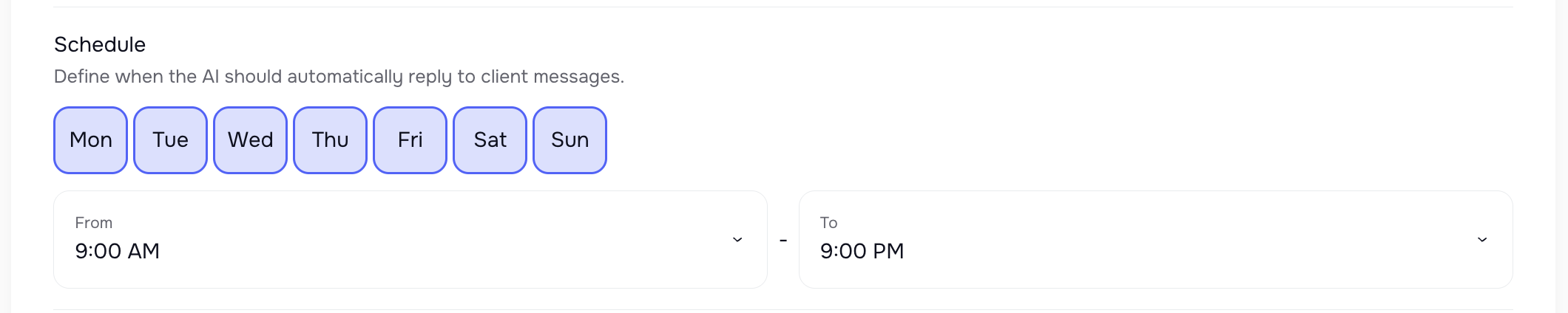 Schedule Replies: when AI is active by days and hours