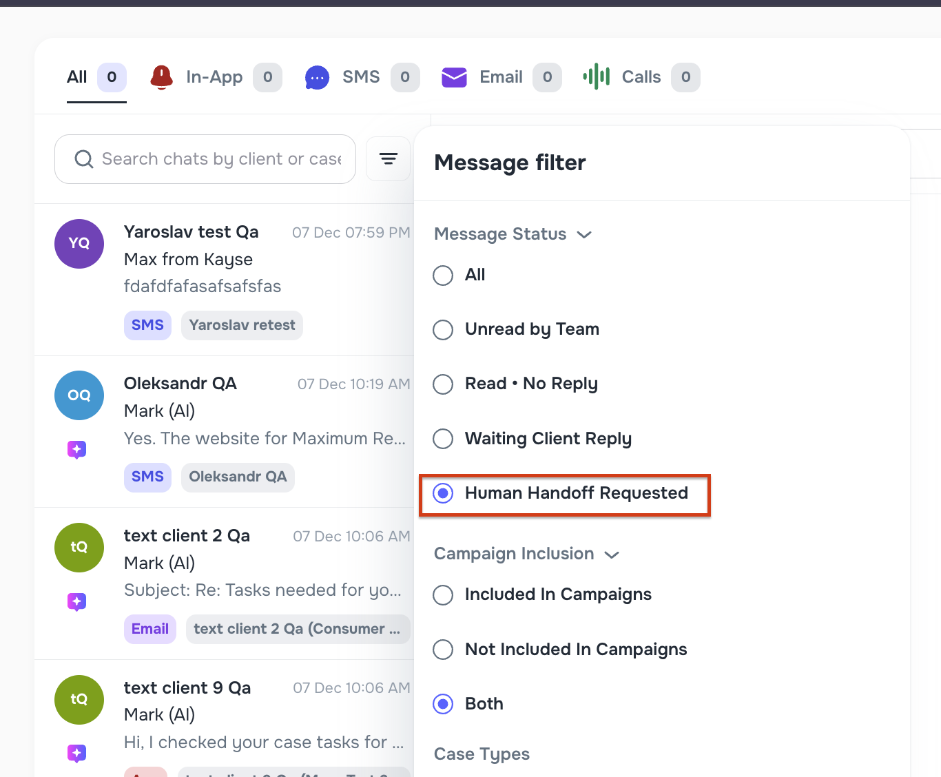 Human handoff team notification email with case details and direct chat link