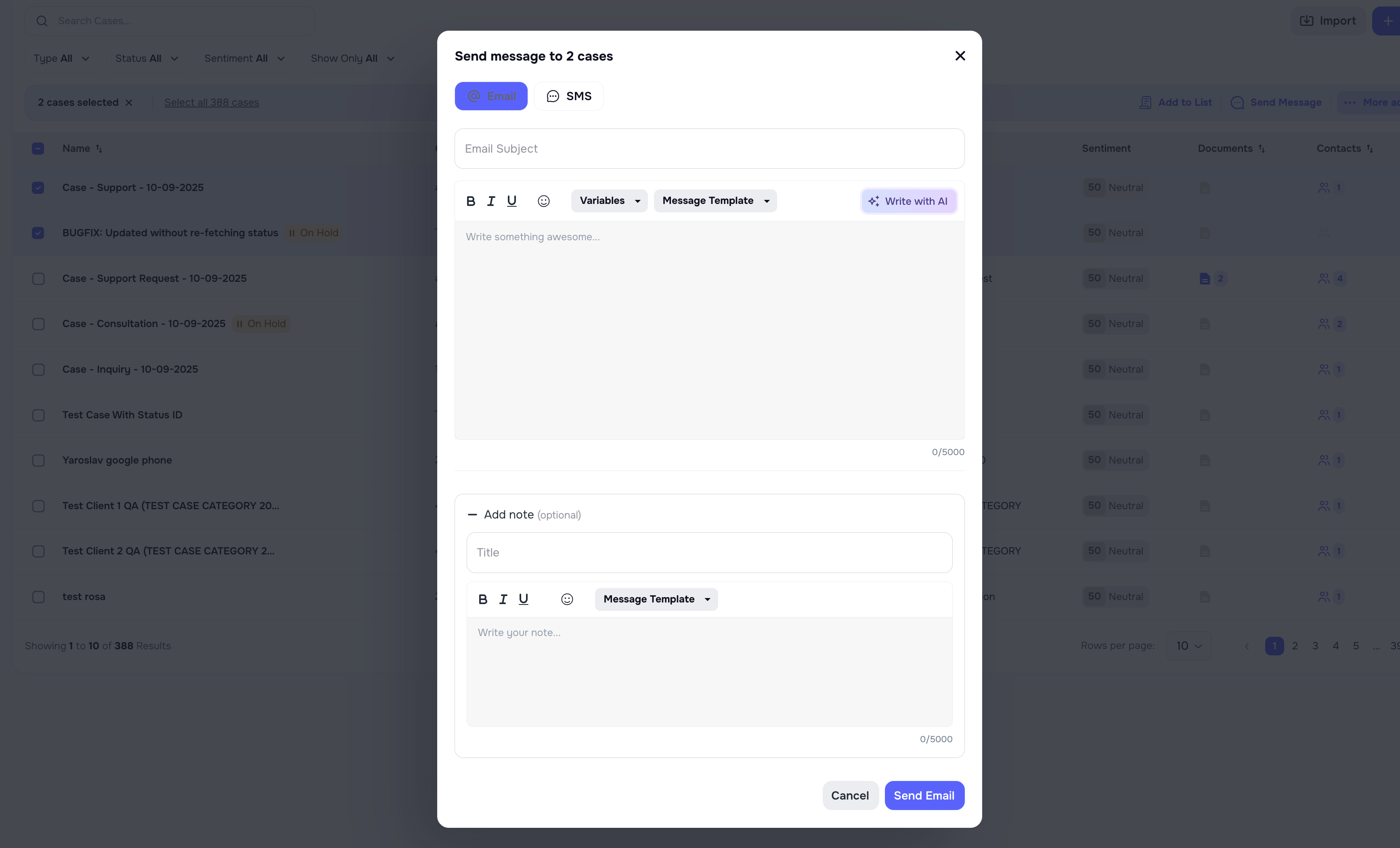 Bulk actions option to automatically add note to each affected case