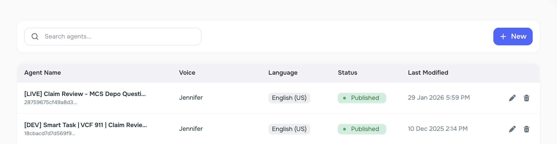 Voice Agents section in sidebar listing all AI agents with search and New button