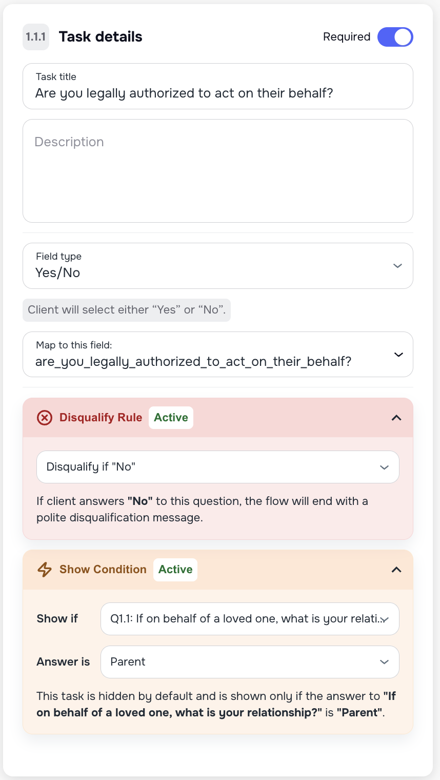 Smart Tasks disqualify logic to end workflow early based on client answer