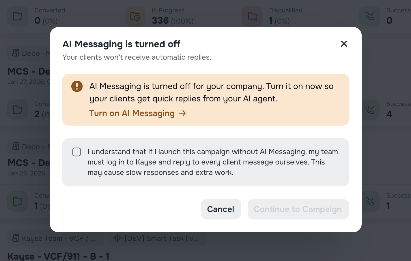 Warning when creating campaign with AI Messaging disabled