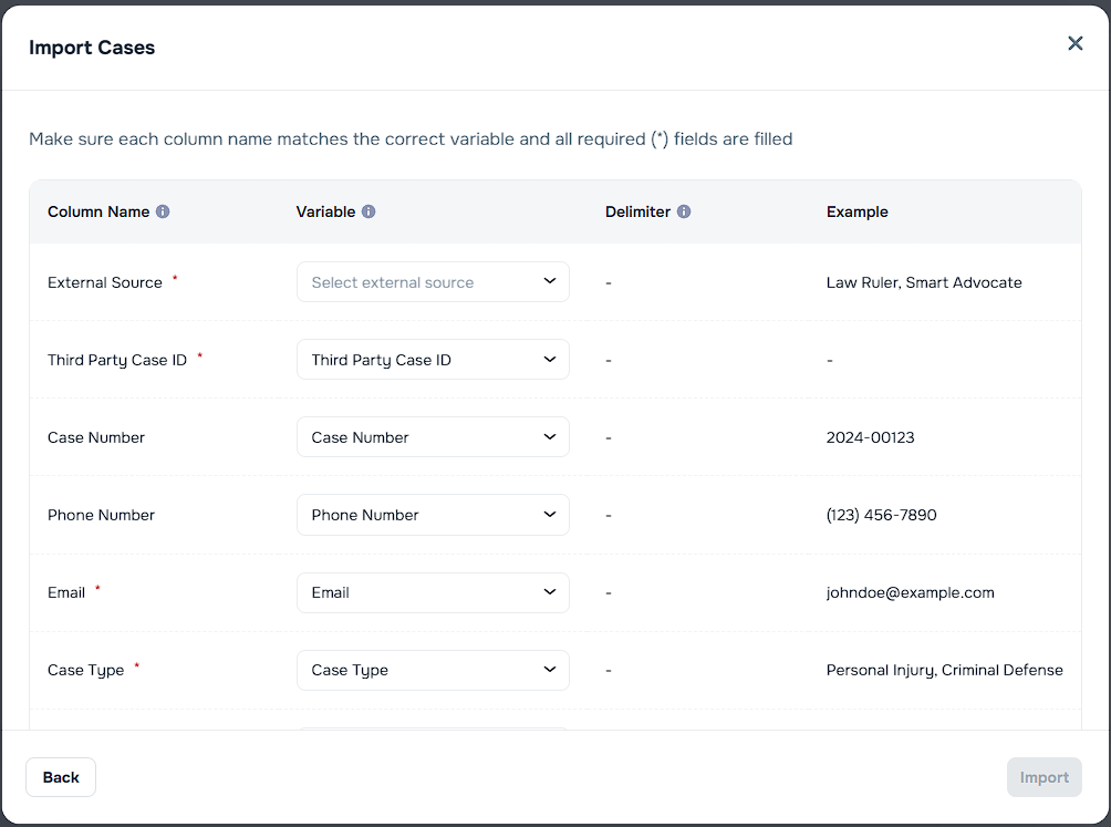 Field mapping for list import including Full Name, Phone, Email, Status