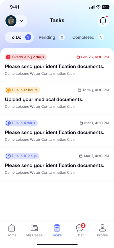 Tasks tab with Due, Overdue, Done sections and document upload