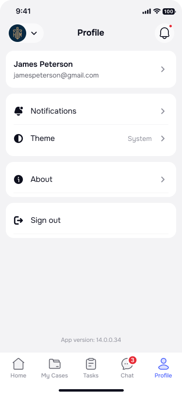 Profile tab with personal info, notifications, theme, and sign out