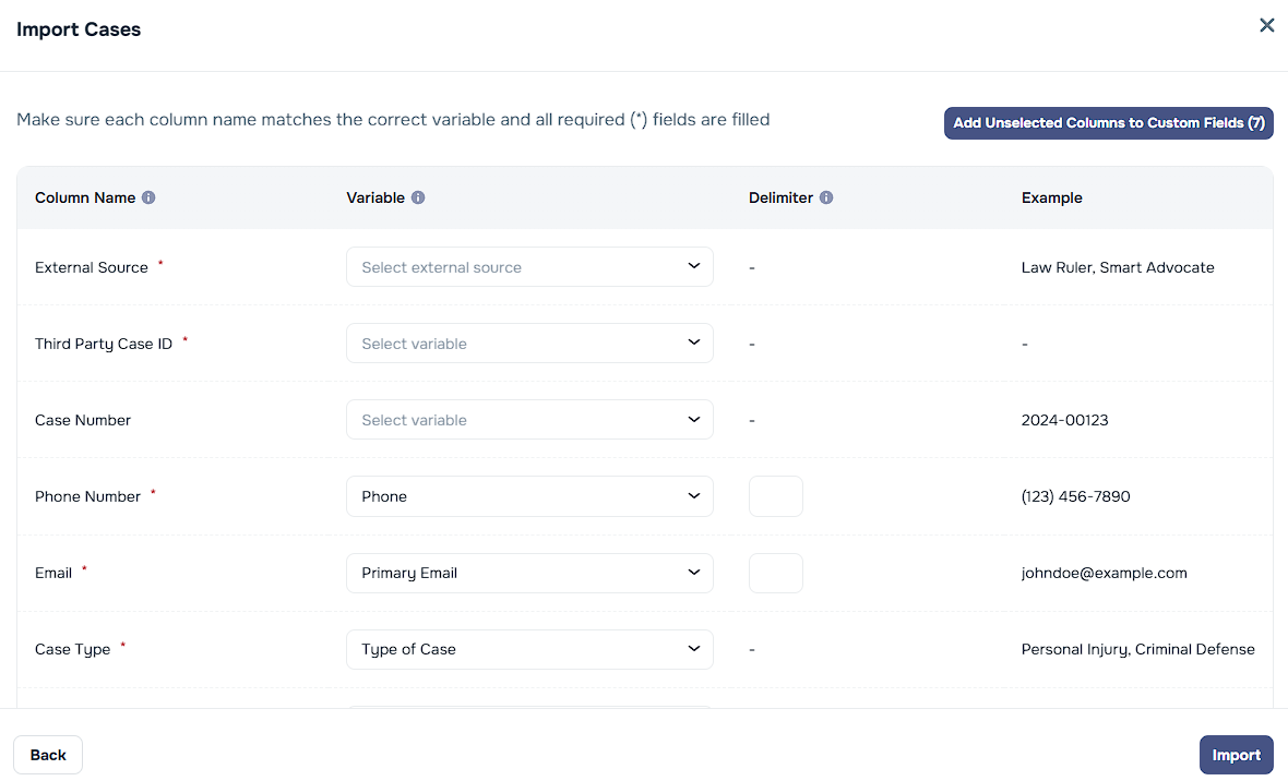 Auto-mapped fields from Law Ruler export