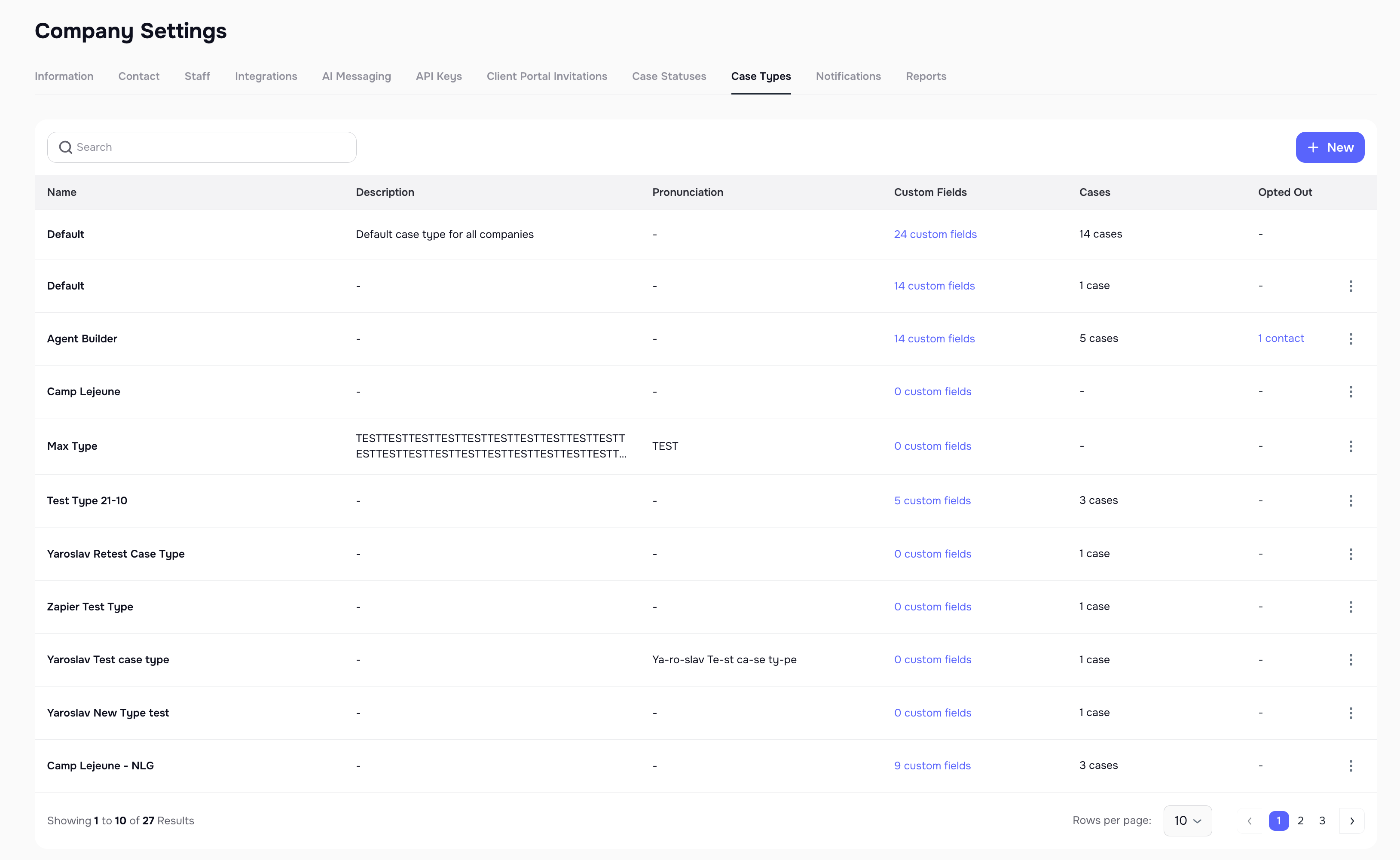 Case Types Custom Fields column and quick view in Company Settings