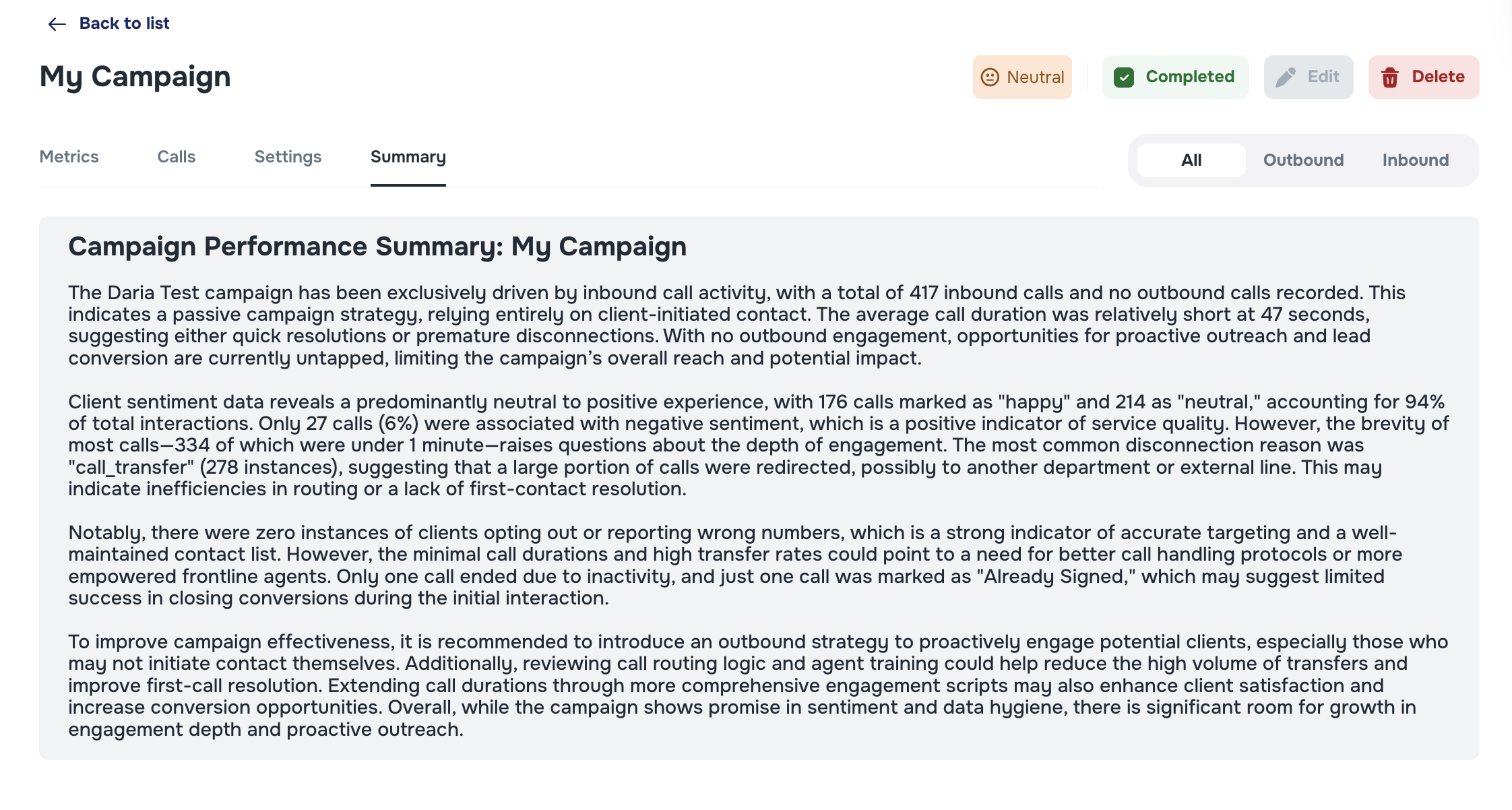 AI Summary in campaign list after 10+ calls