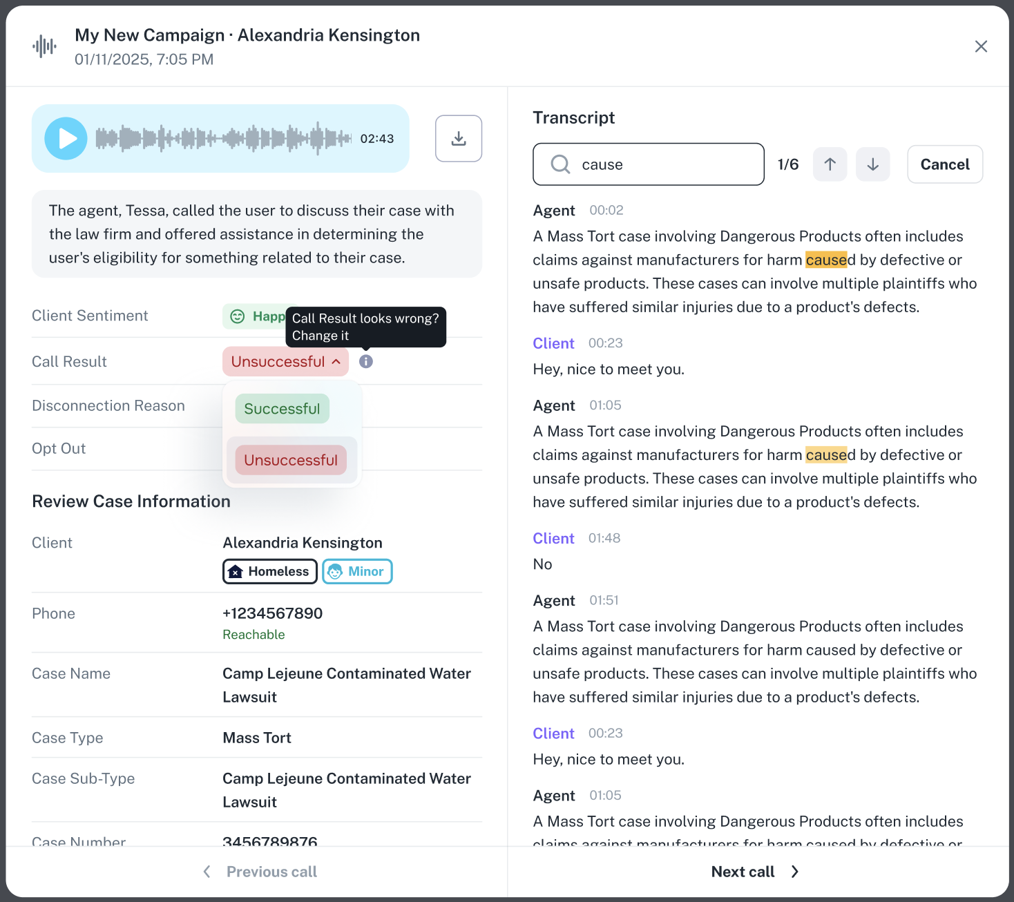 Switch call result between Successful and Unsuccessful in dropdown