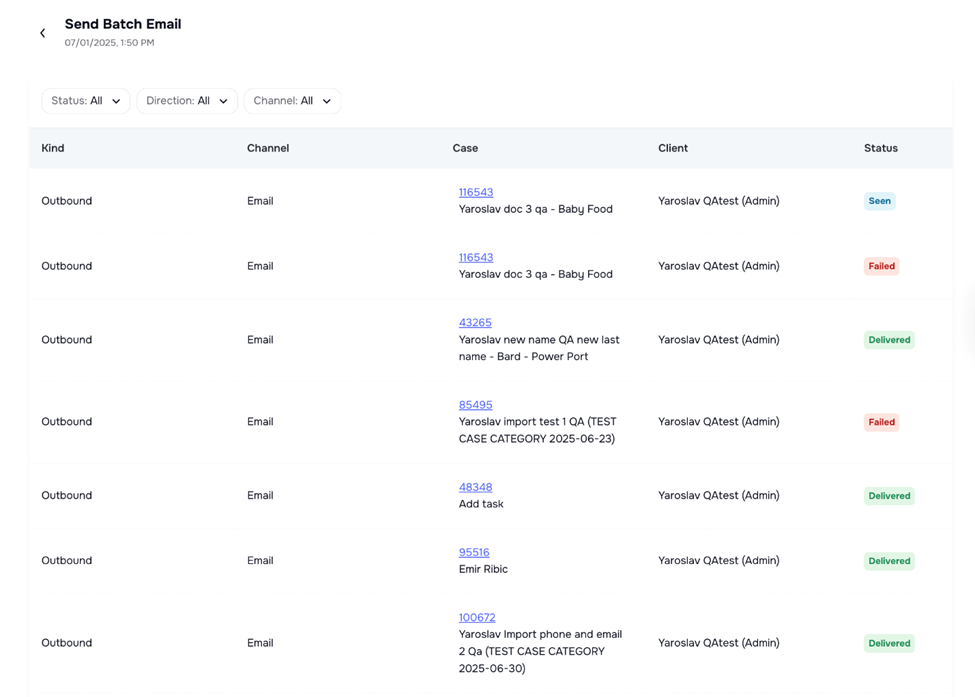Bulk Actions page with message sent, delivered, failed summary
