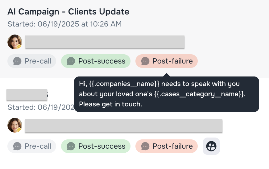 AI Campaign list with message preview and OBO icon