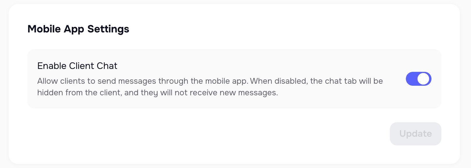 Company Settings toggle for disabling chat in mobile app - enabled state