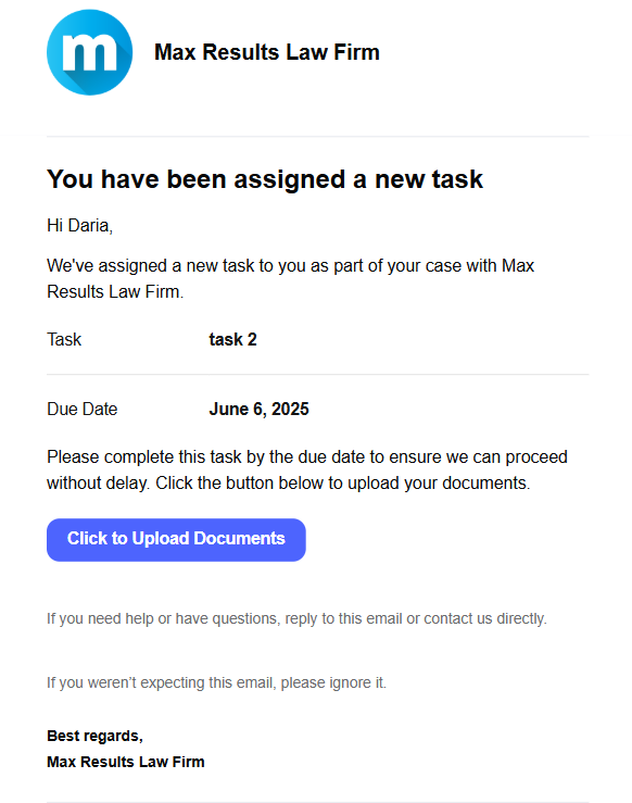 Upload link in task notification email