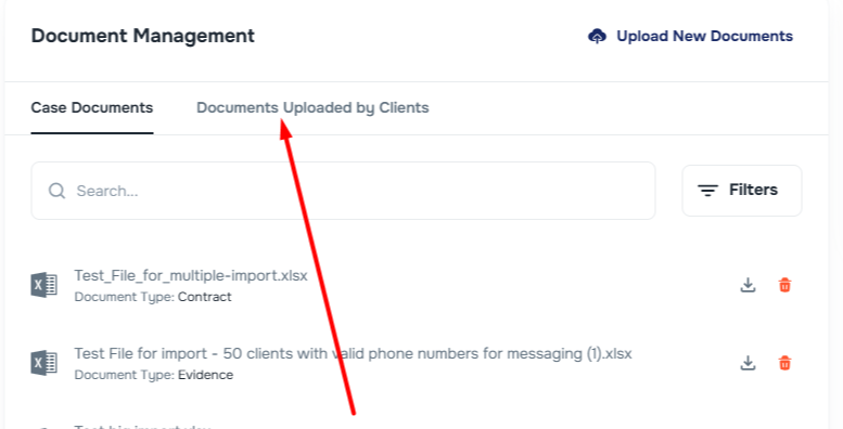 Documents Uploaded by Client section on Case page