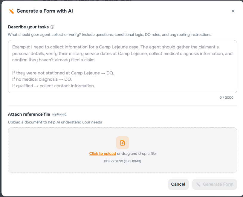 AI Form Builder with chat and file upload for creating forms from documents