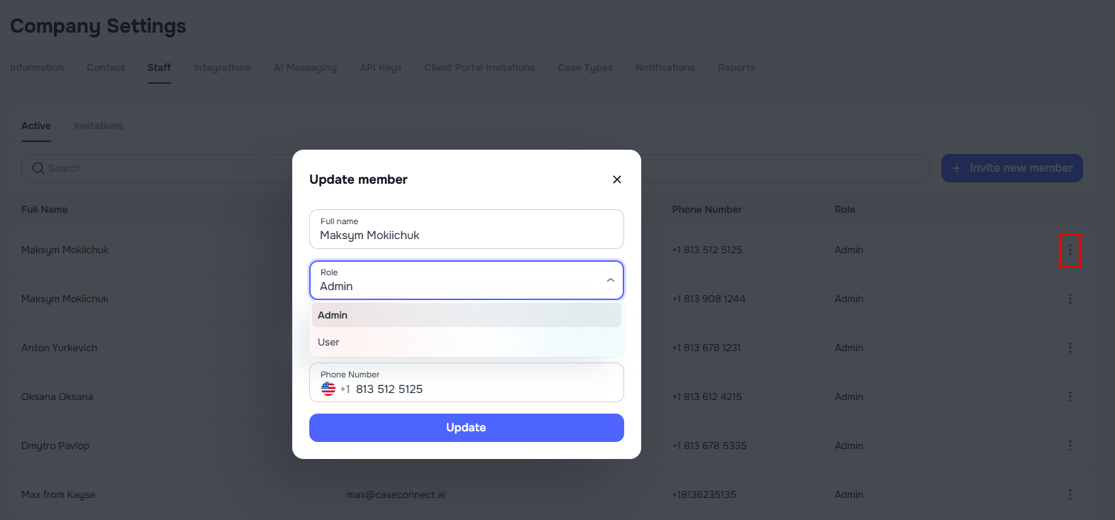 RBAC Administrator and User roles in Company Settings User Management