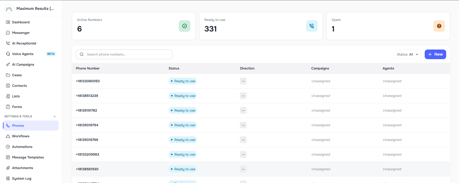 Phone Numbers Management view with usage, direction, and spam status