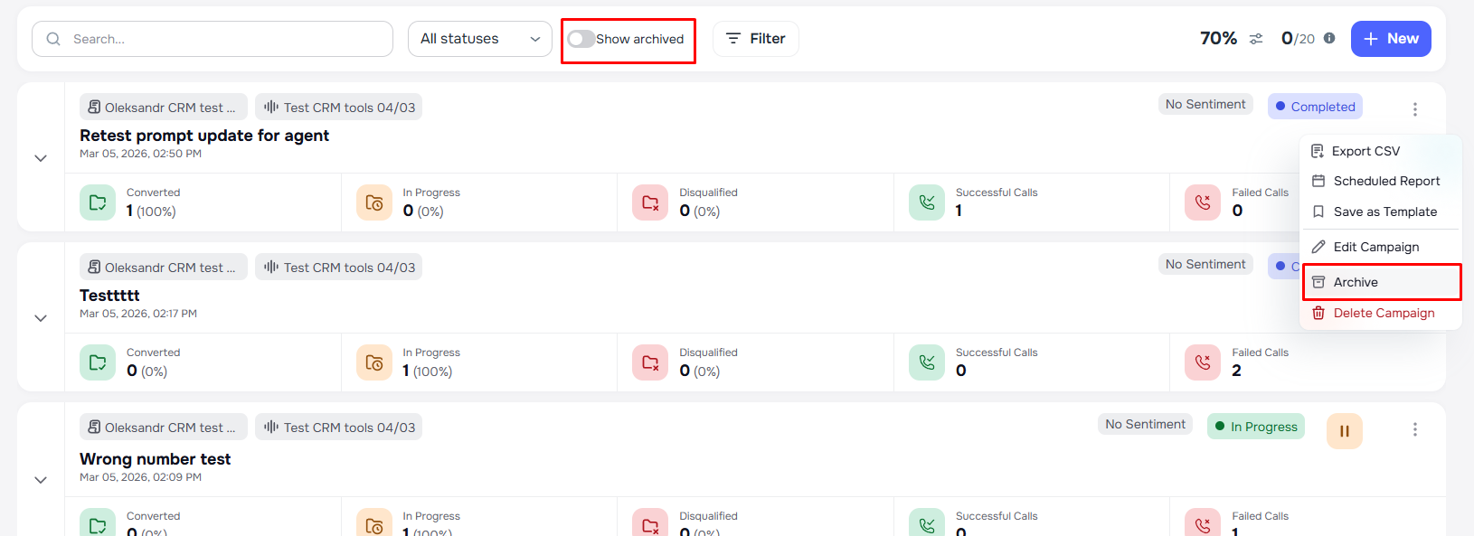 Archive campaign menu and Show archived toggle in AI Campaigns list