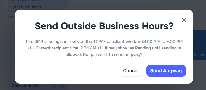 SMS outside business hours warning dialog with Send anyway option