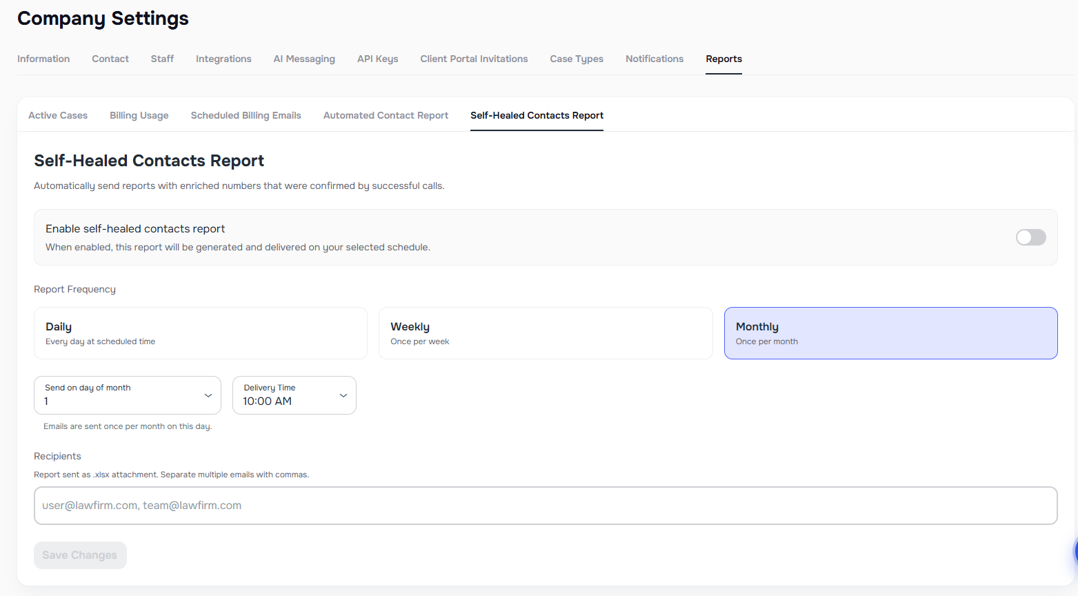 Self-Healed Contacts report setup in Settings Company Reports tab
