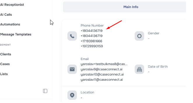 Client page showing multiple contacts stored properly