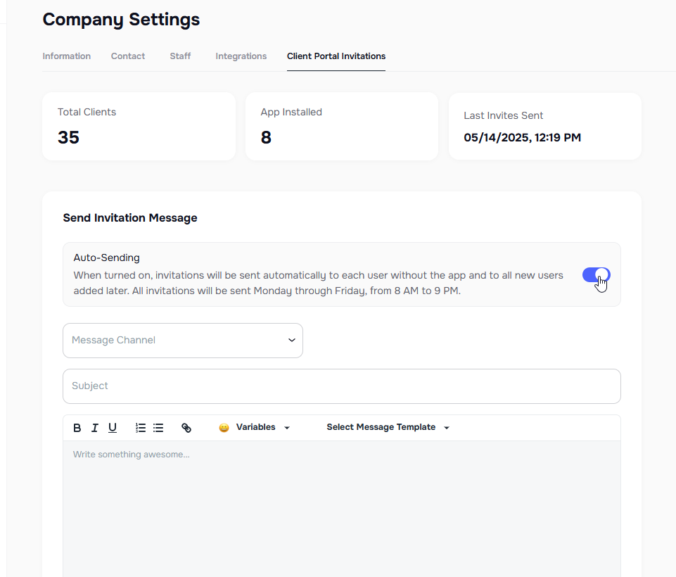 Client portal invitations toggle in Company Settings for auto-sending invites