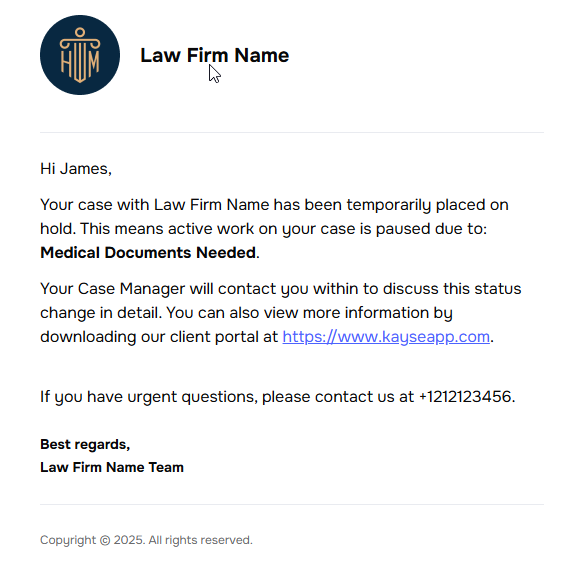Client notification trigger events: new task, status update, hold, resume, closed