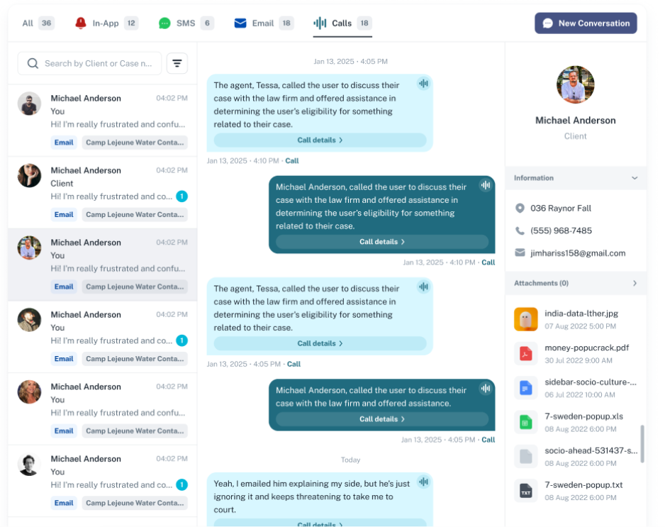 Messenger Calls tab alongside Email, SMS, In-App