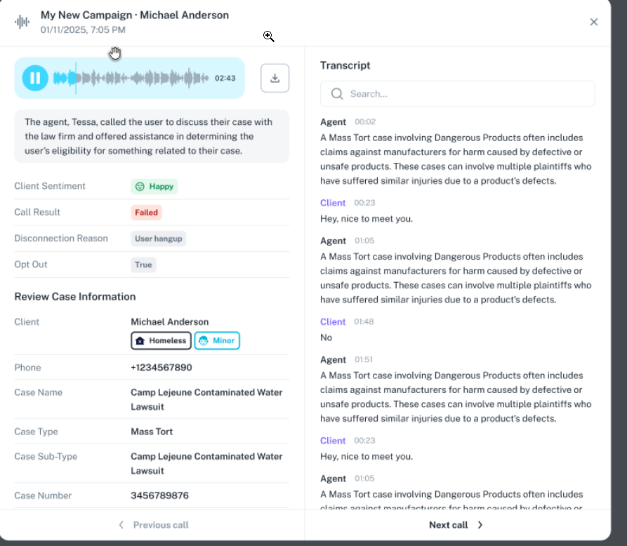 Call display with transcript, metadata, playable audio, and Call details button