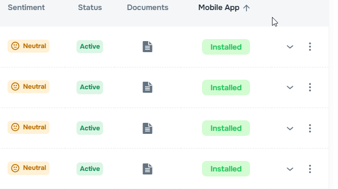 Clients page Mobile App column with sorting by installation status