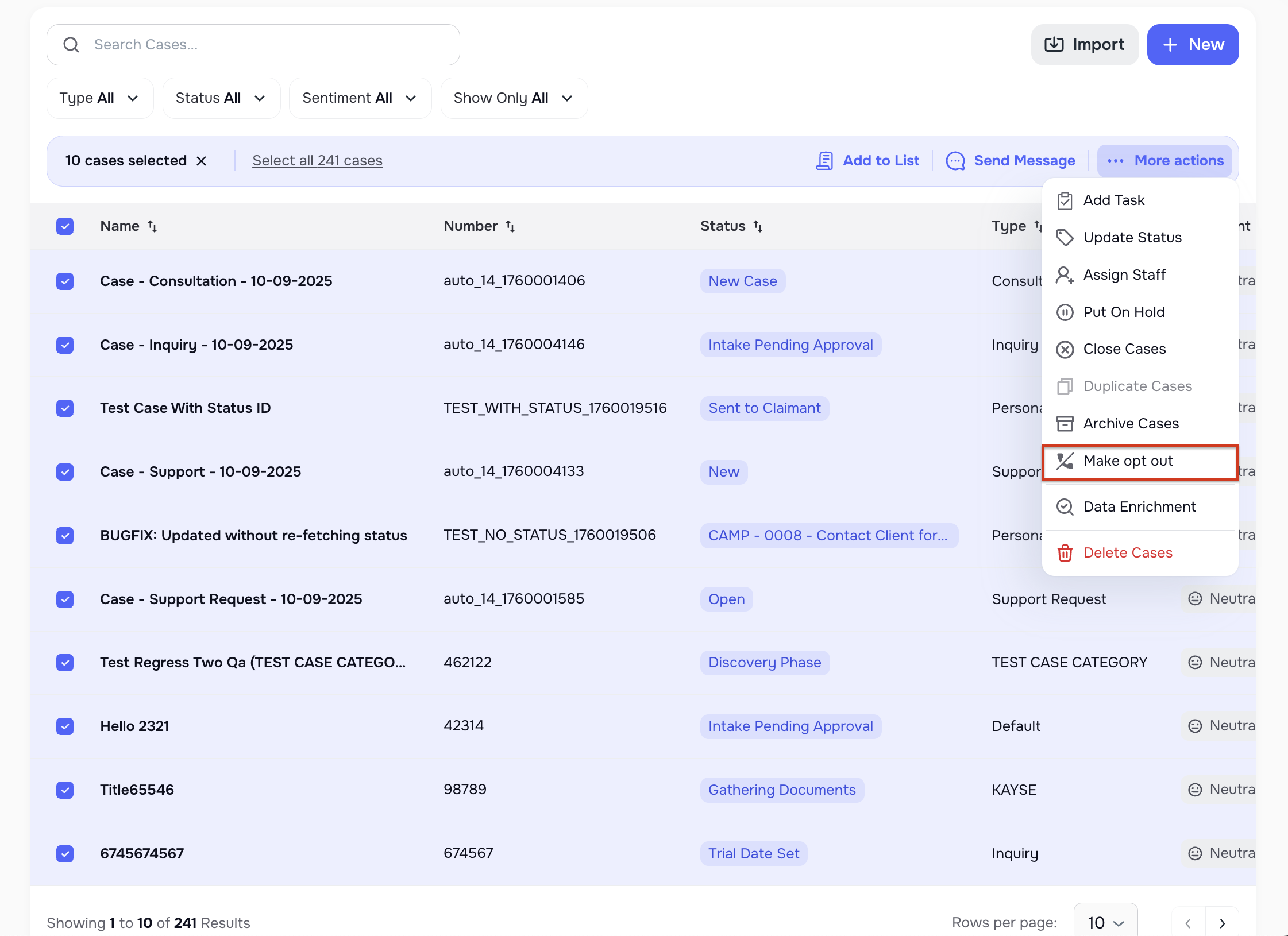 Call Opt Out bulk action on Lists and Cases pages