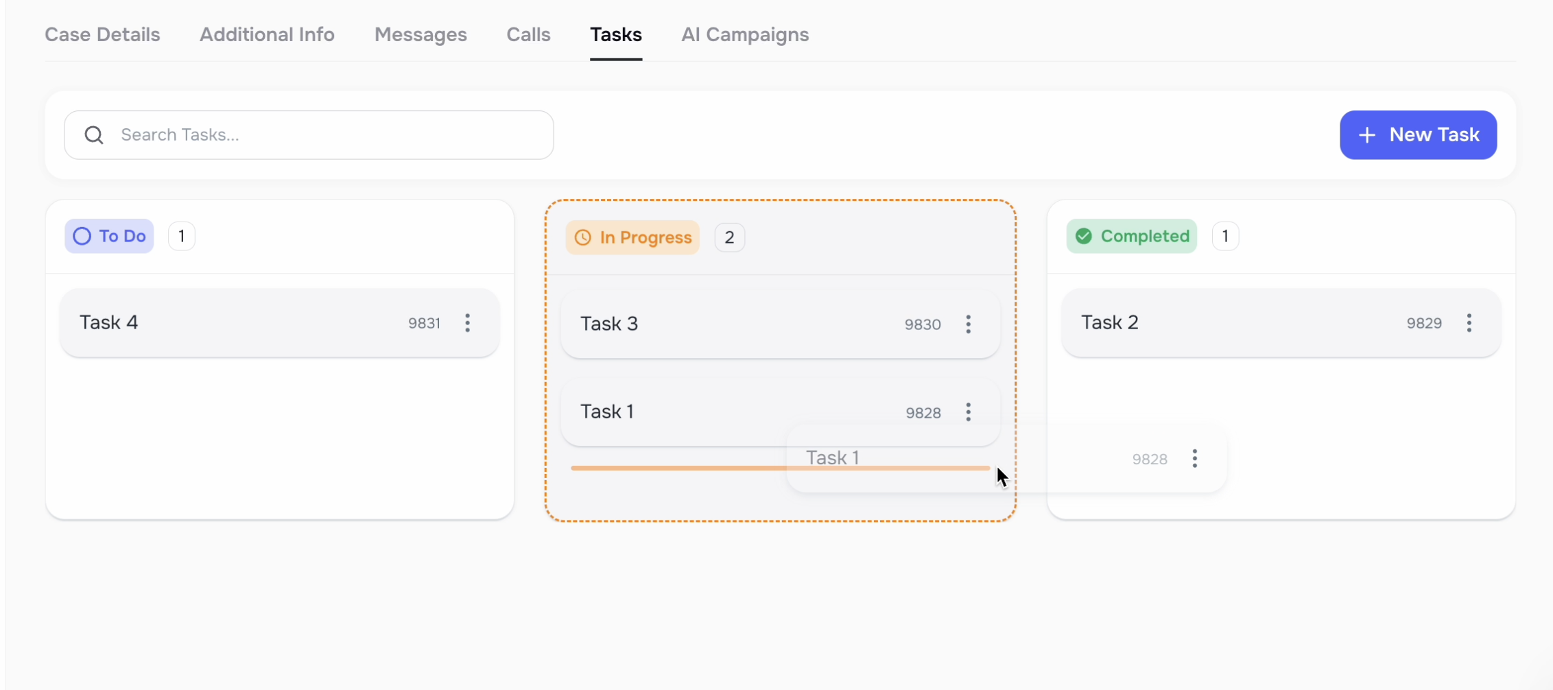 Redesigned Case Tasks page with In Review column and Kanban view