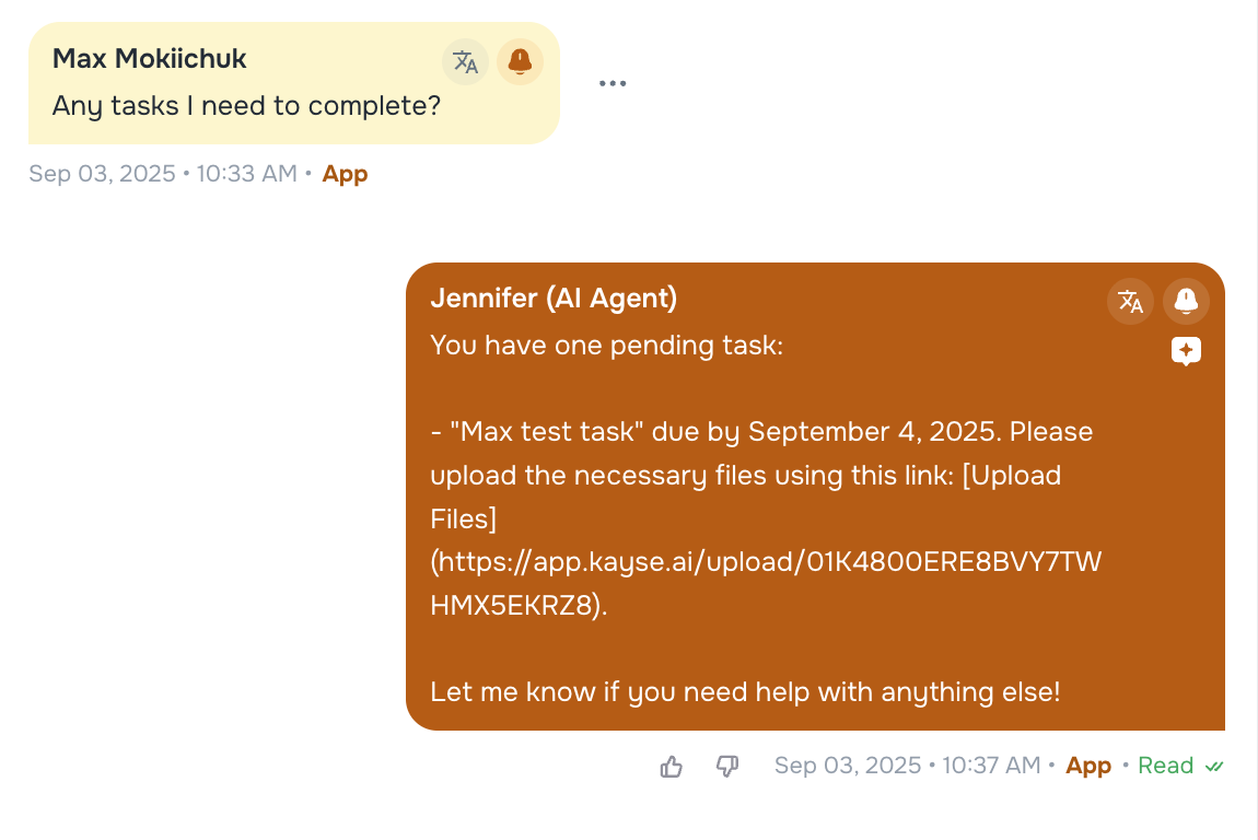 AI Messaging Agent secure upload link for task completion