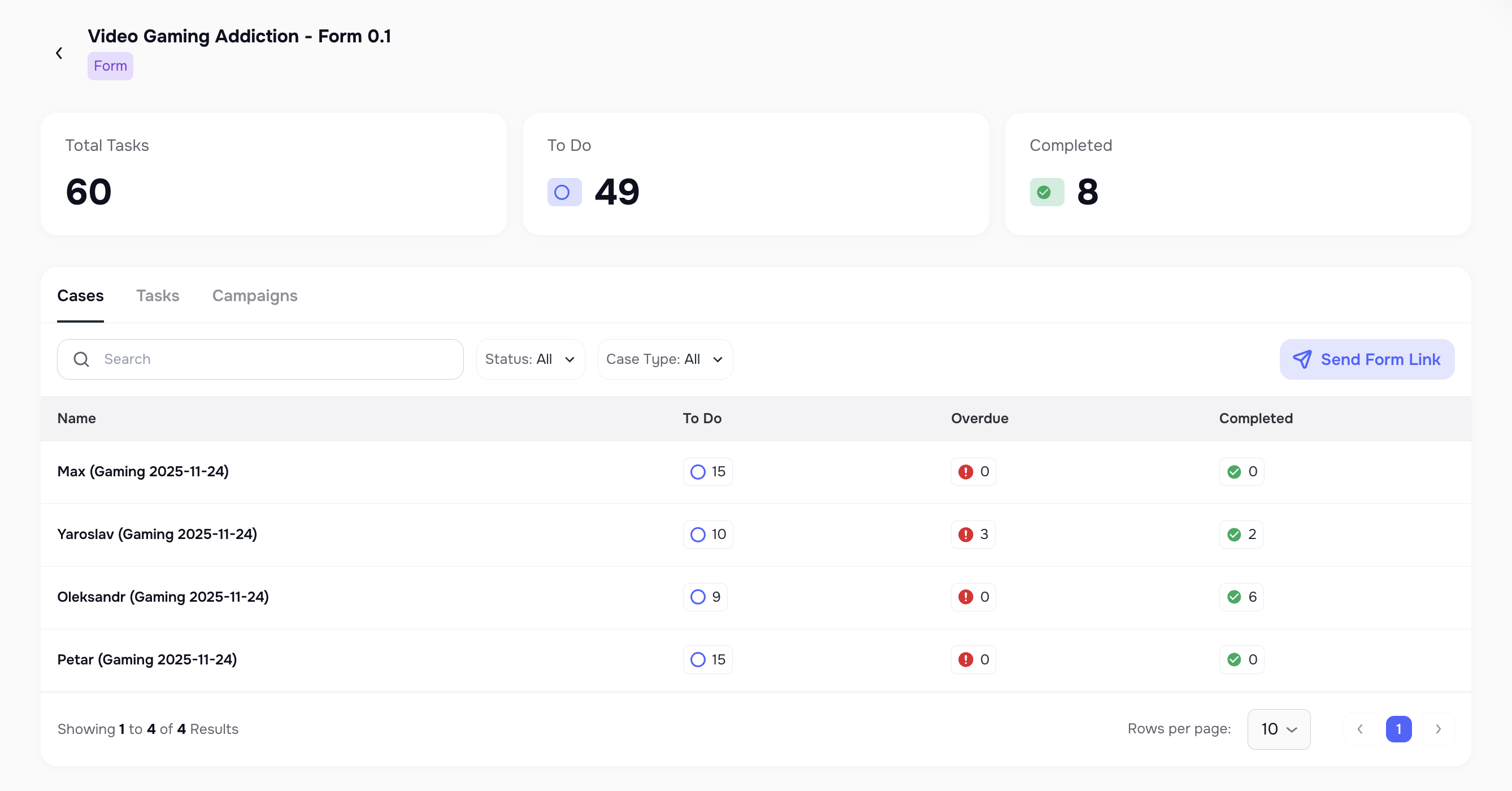 Case view with tasks from forms and status filters