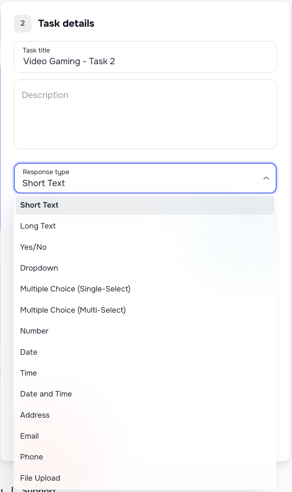 14 task input types including Short Text, Yes/No, Dropdown, File Upload