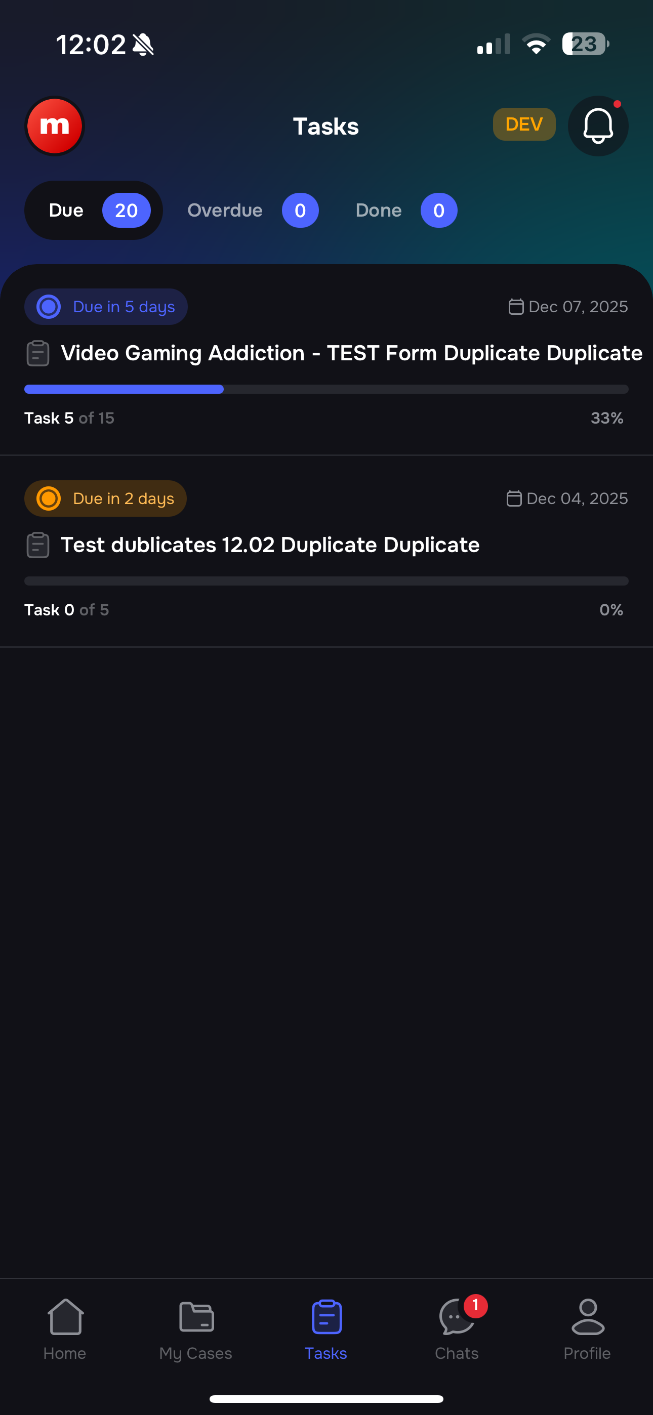 Mobile app task list view