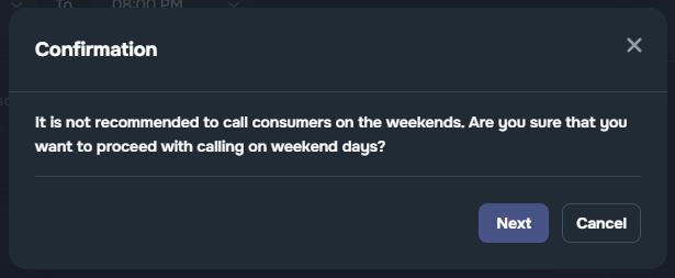 Call scheduling with calling days and hours configuration