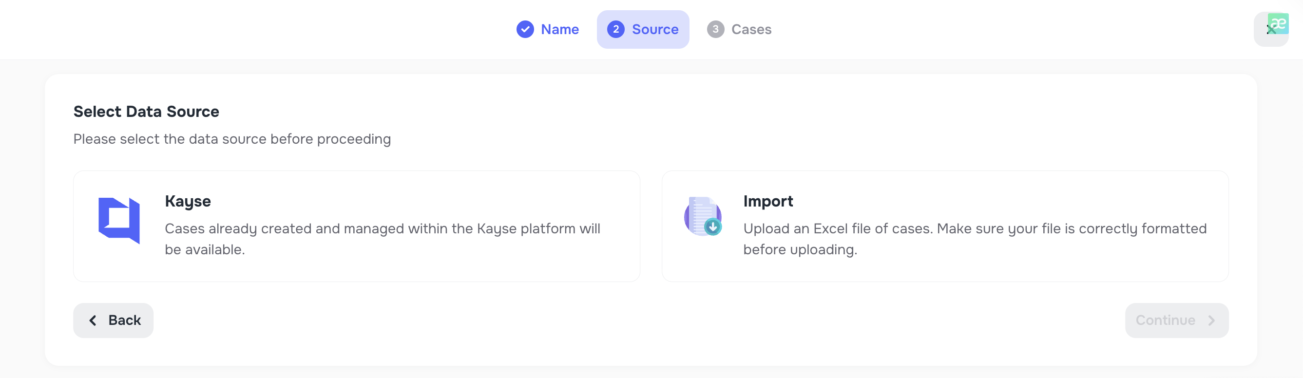 Choose data source: Cases or Import
