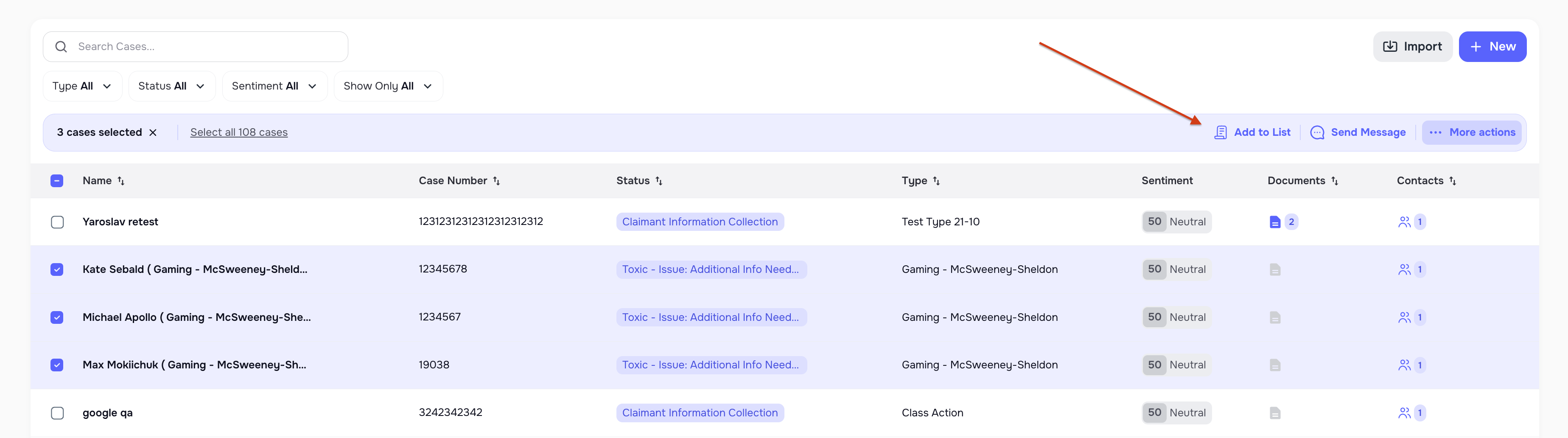 Add to List bulk action from Cases page
