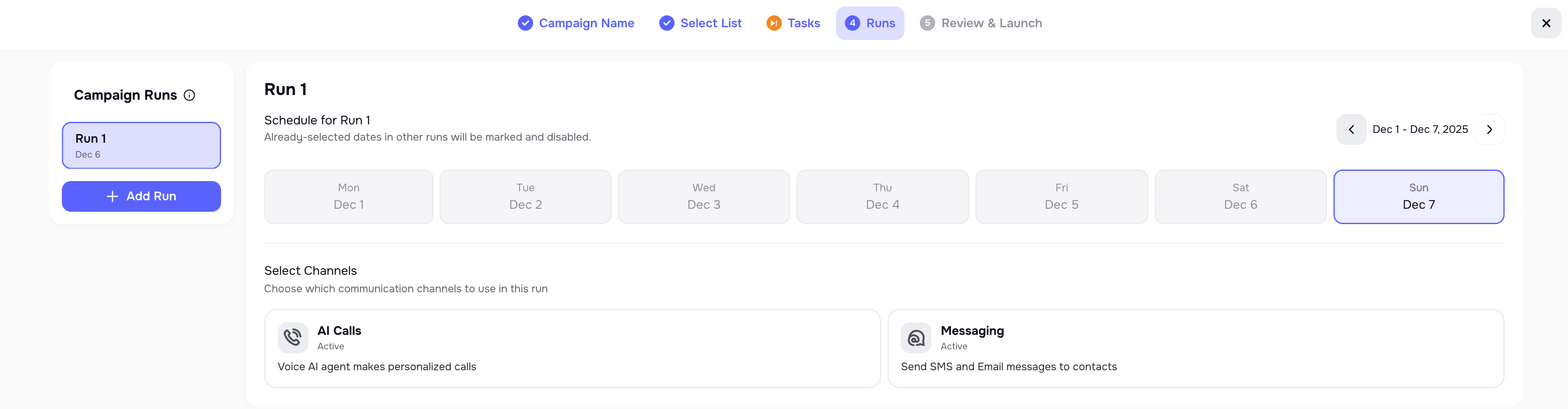 Runs with days, time windows, and channels
