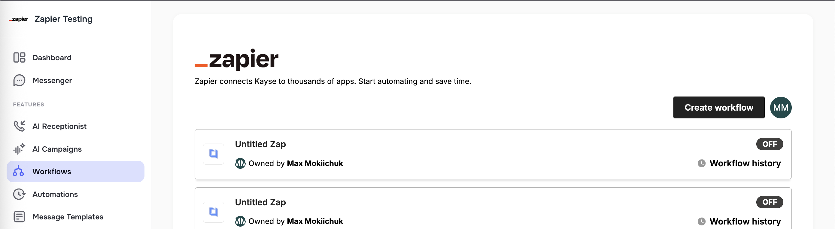Kayse Workflow tab Zapier integration page with Log In and Create Workflow